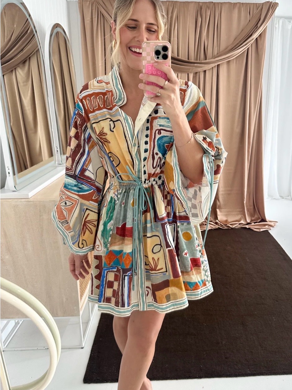 Alemais Michelle Multicolor Abstract Print Midi Dress - Teal, Rust, Cream — image 2 of 6